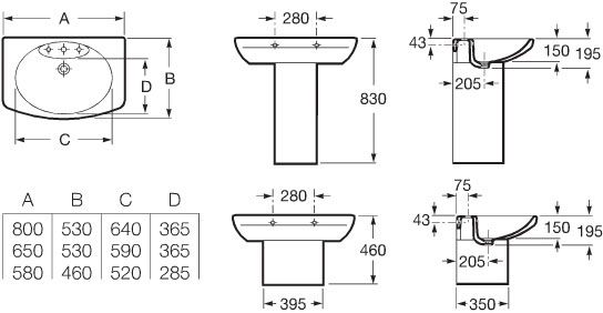 Roca Dama Senso A335510000 Габаритні розміри