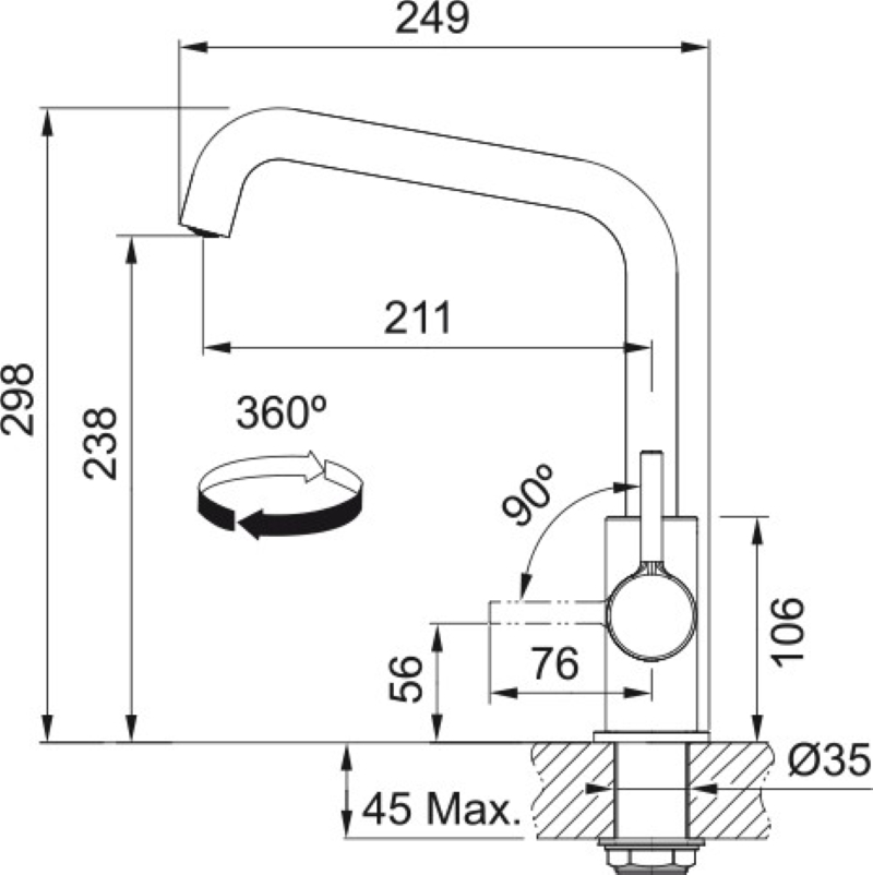 Franke Lina U чорний матовий (115.0728.474) Габаритні розміри