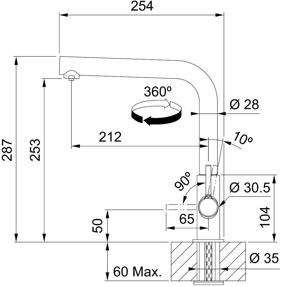Franke Lina L Clear Water 2.0, Хром (120.0730.779) Габаритные размеры