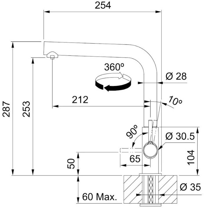 Franke Lina L Clear Water 2.0, чорний матовий (120.0730.802) Габаритні розміри
