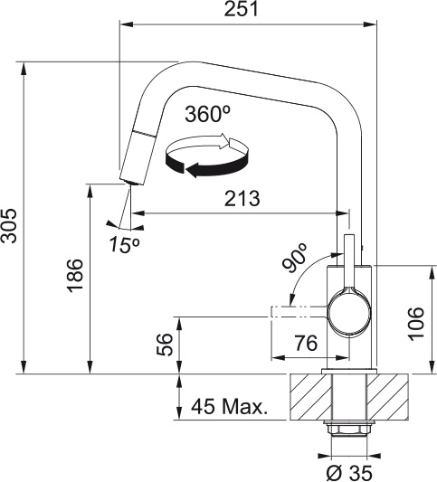Franke Lina U Pull Down, Хром (115.0728.476) Габаритні розміри
