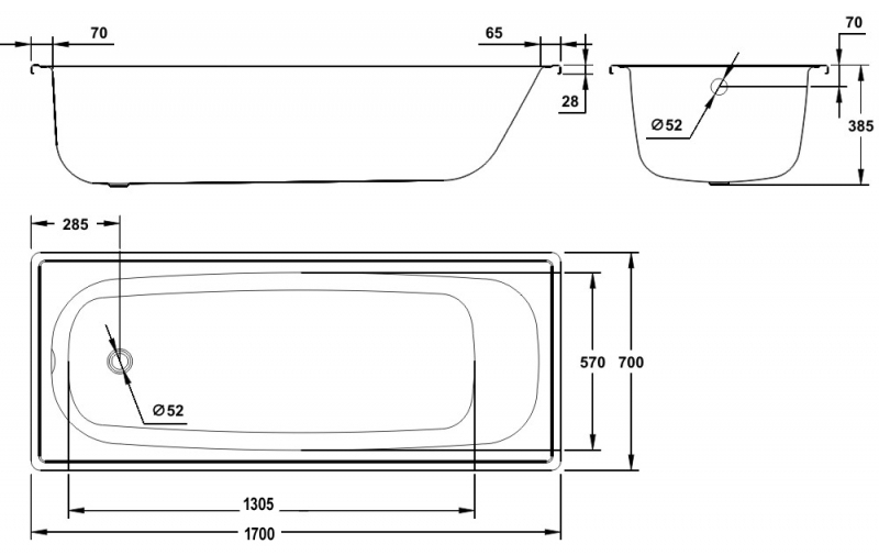 BLB 170x70E (B70E12001) Габаритні розміри