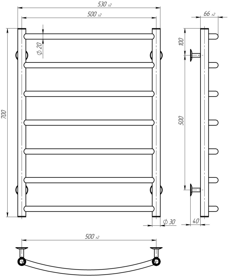 Deffi Класік П7 500x700 Е Хром, Ліве підключення (C.DK.70.50.7.E.C.L.1) Габаритні розміри