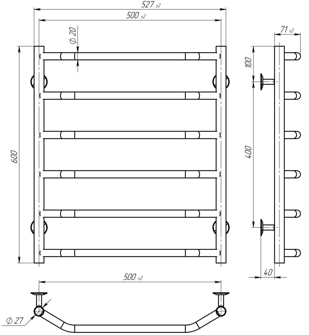 Deffi Трапеция П6 500x600, Черный, EF16, Левое подключение (D.TR.60.50.6.E.B.L.5) Габаритные размеры