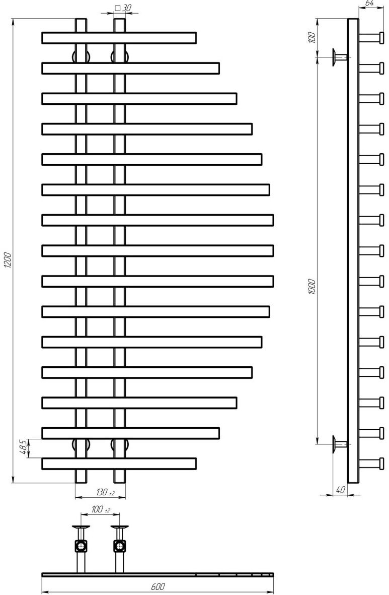 Deffi Parys П15 600x1200, Черный, Нижнее подключение (A.PS.120.60.15.B.A) Габаритные размеры