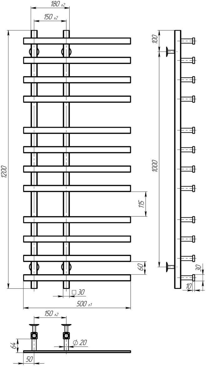 Deffi Atena П12 150x1200 Е Хром, JD04, Левое подключение (A.AT.120.15.12.E.C.L.2) Габаритные размеры