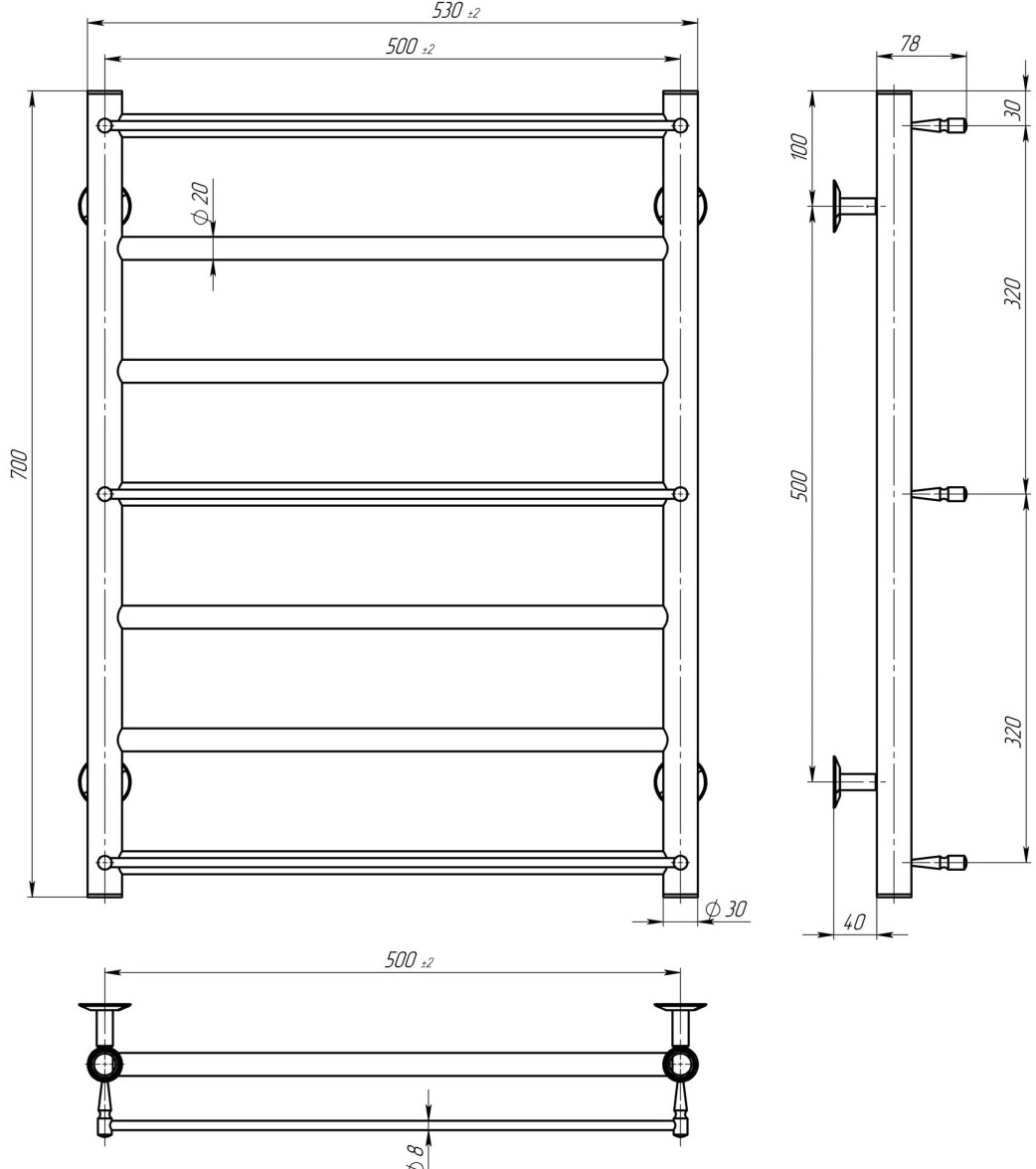 Deffi Ladder П7 500x700 Е, Хром, JD03, Левое подключение (C.LK.70.50.7.E.C.L.1) Габаритные размеры