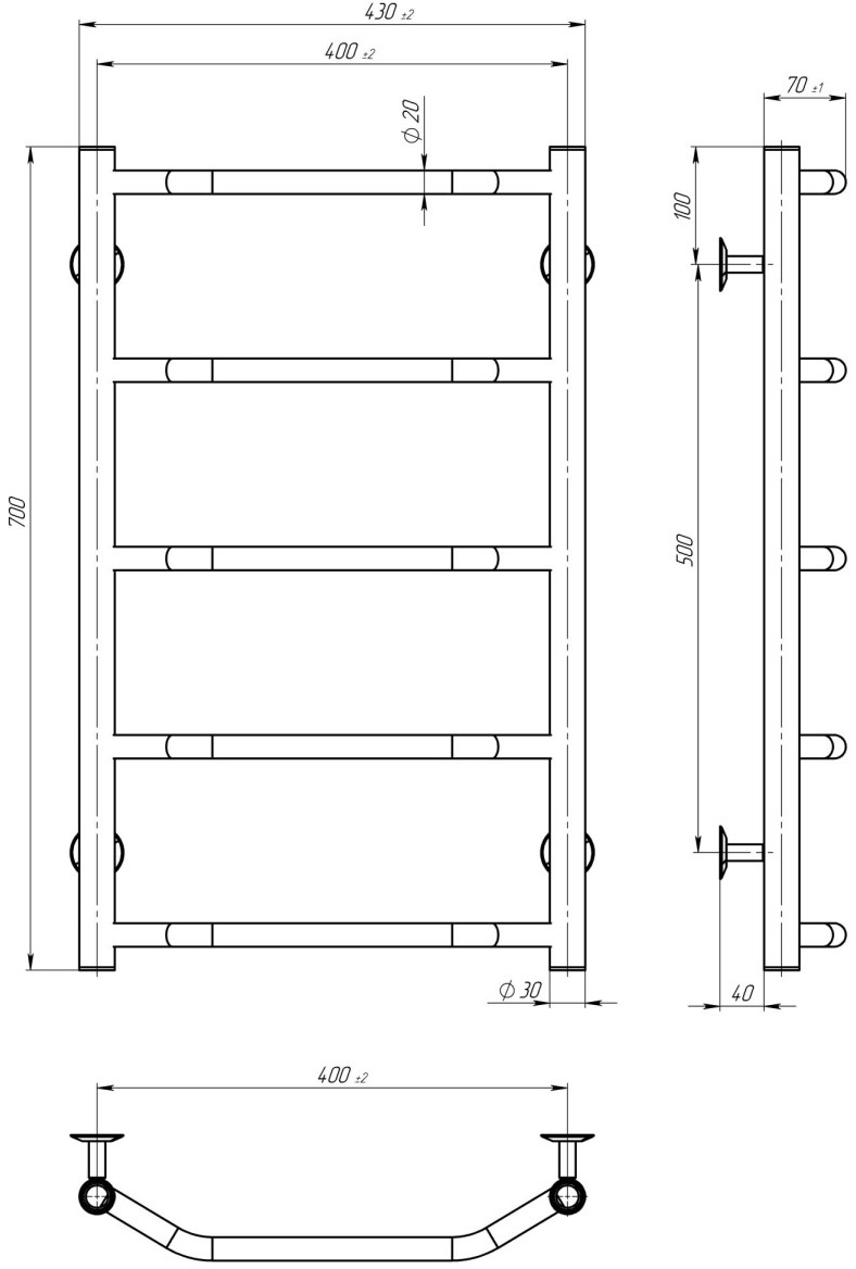Deffi Трапеция П5 400x700 Е, Хром, JD03, Правое подключение (C.TR.70.40.5.E.C.R.1) Габаритные размеры