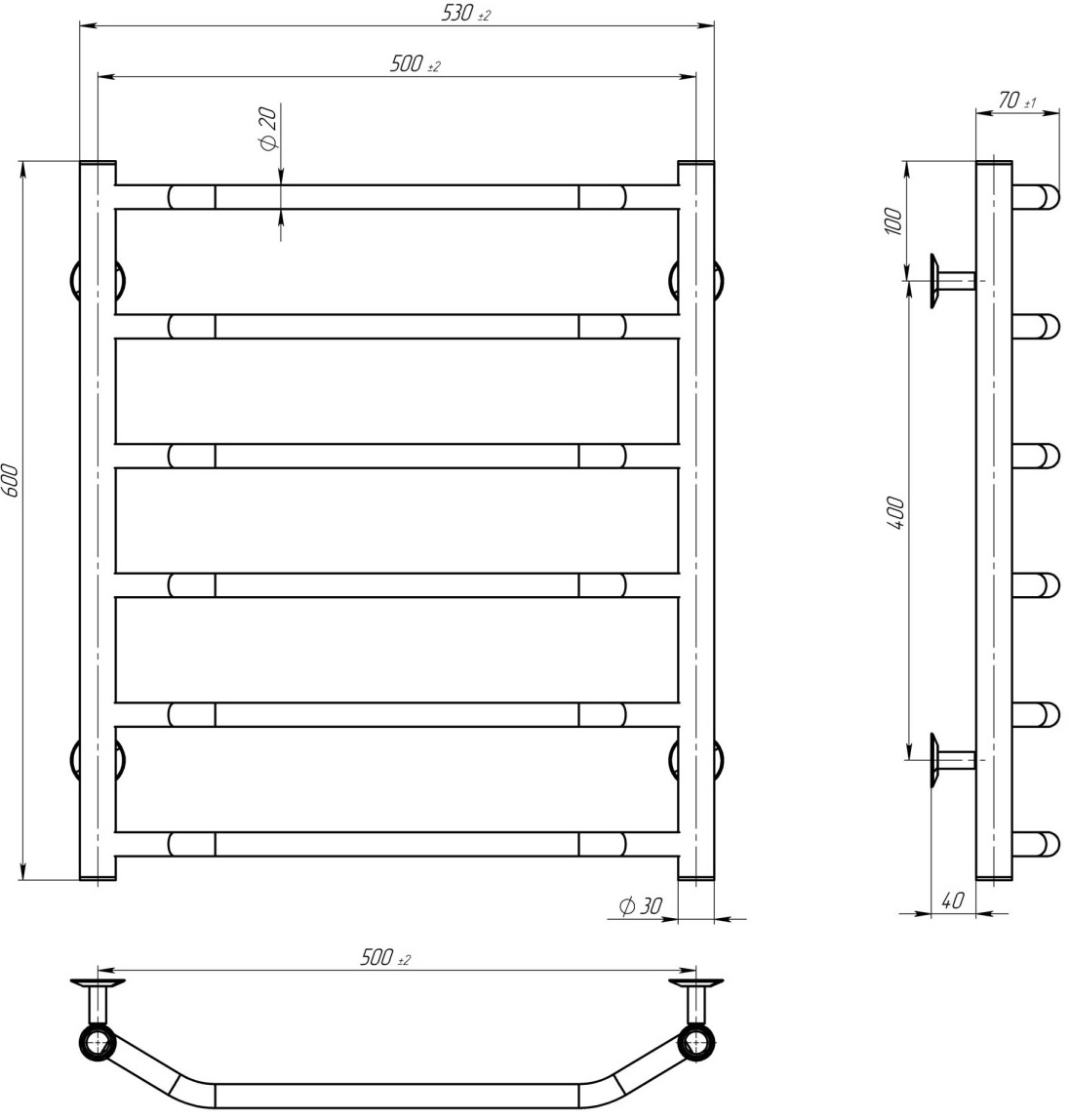 Deffi Трапеция П6 500x600 Е, Хром, JD03, Левое подключение (C.TR.60.50.6.E.C.L.1) Габаритные размеры