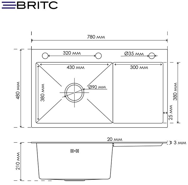 Britc HM HS7848L-B черная Габаритные размеры