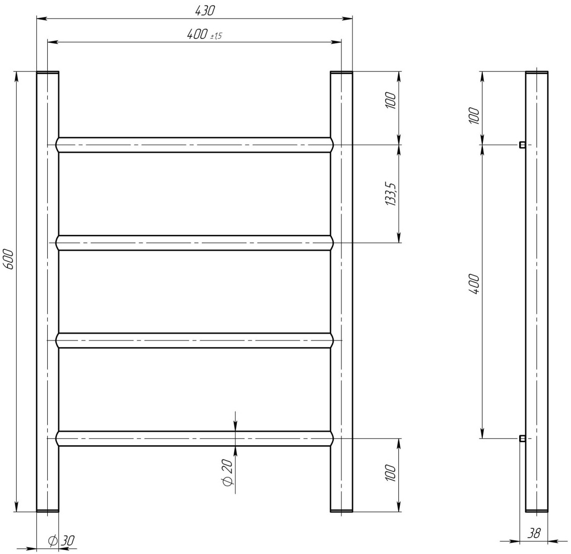 Deffi Орион П4 400x600, Хром, Боковое левое подключение (C.OR.60.40.4.C.B) Габаритные размеры