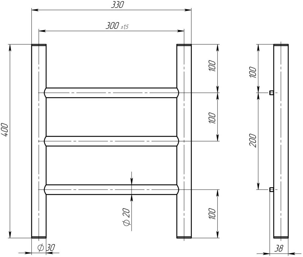 Deffi Орион П3 300x400, Черный, Боковое правое подключение (C.OR.40.30.3.B.C) Габаритные размеры