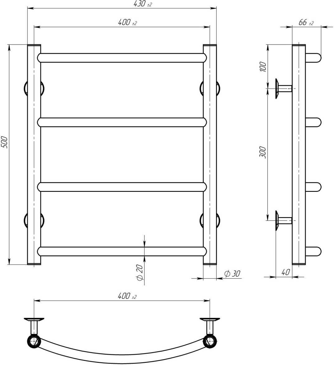 Deffi Классик П4 400x500, Белый, Нижнее подключение (C.DK.50.40.4.W.A) Габаритные размеры