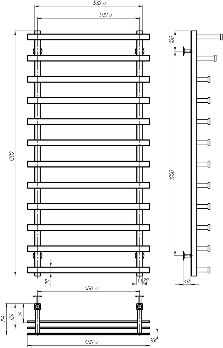 Deffi Breeze П12 500x1200 Е, Черный, JD04, Правое подключение (A.BZ.120.50.12.E.B.R.2) Габаритные размеры