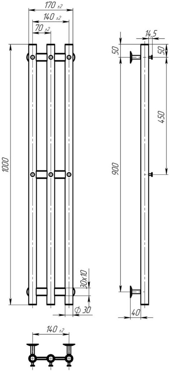 Deffi Zara П3 140x1000 E, Черный, JD03, Левое подключение (A.CL.100.14.3.E.B.L.1) Габаритные размеры