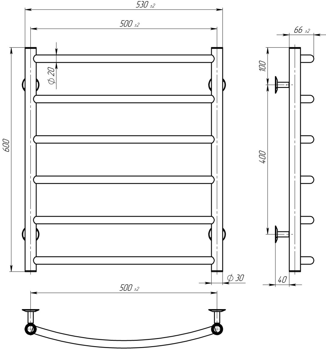 Deffi Классик П6 500x600 Е, хром, JD03, Левое подключение (C.DK.60.50.6.E.C.L.1) Габаритные размеры