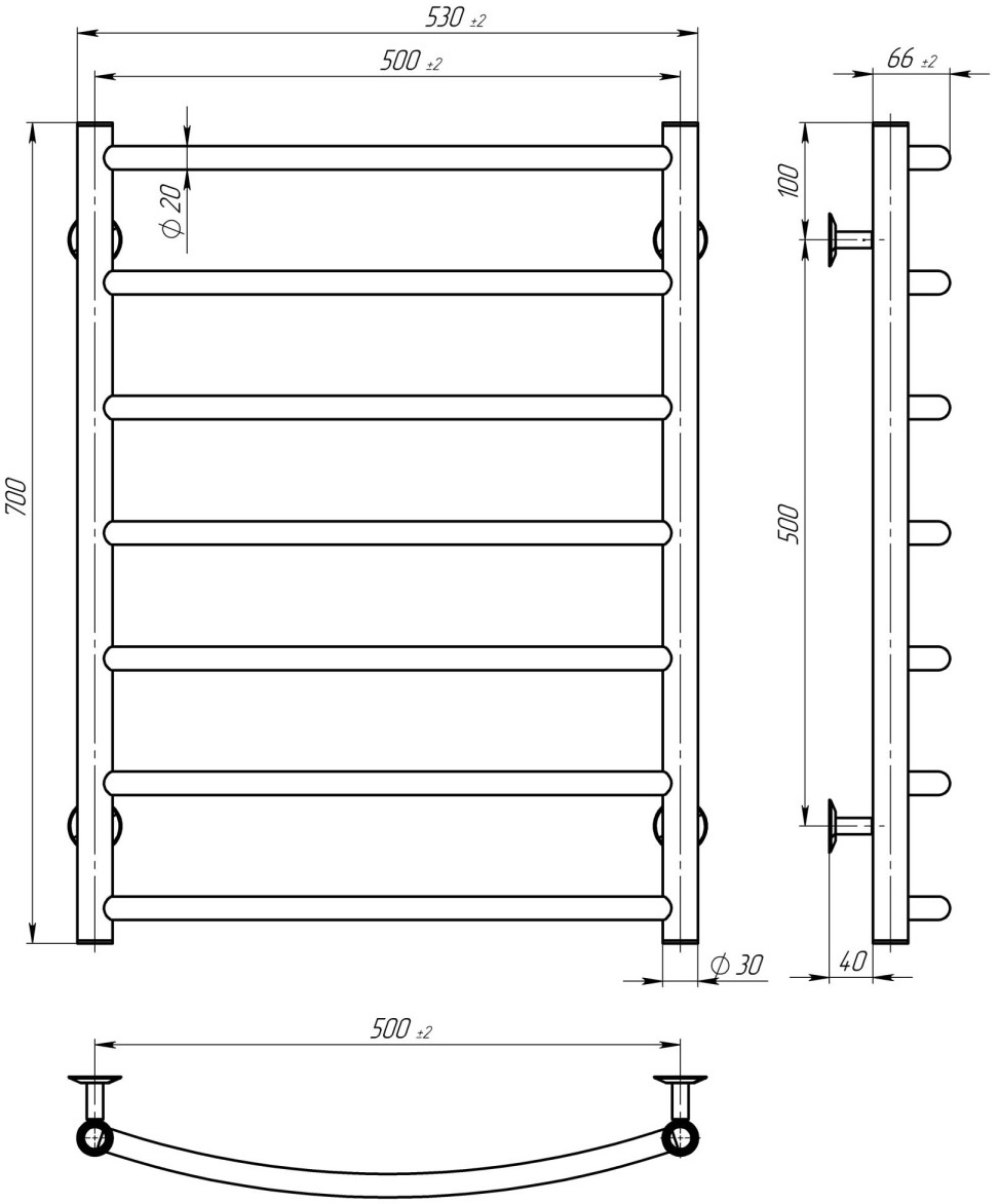 Deffi Классик П7 500x700 Е, хром, JD03, правое подключение (C.DK.70.50.7.E.C.R.1) Габаритные размеры