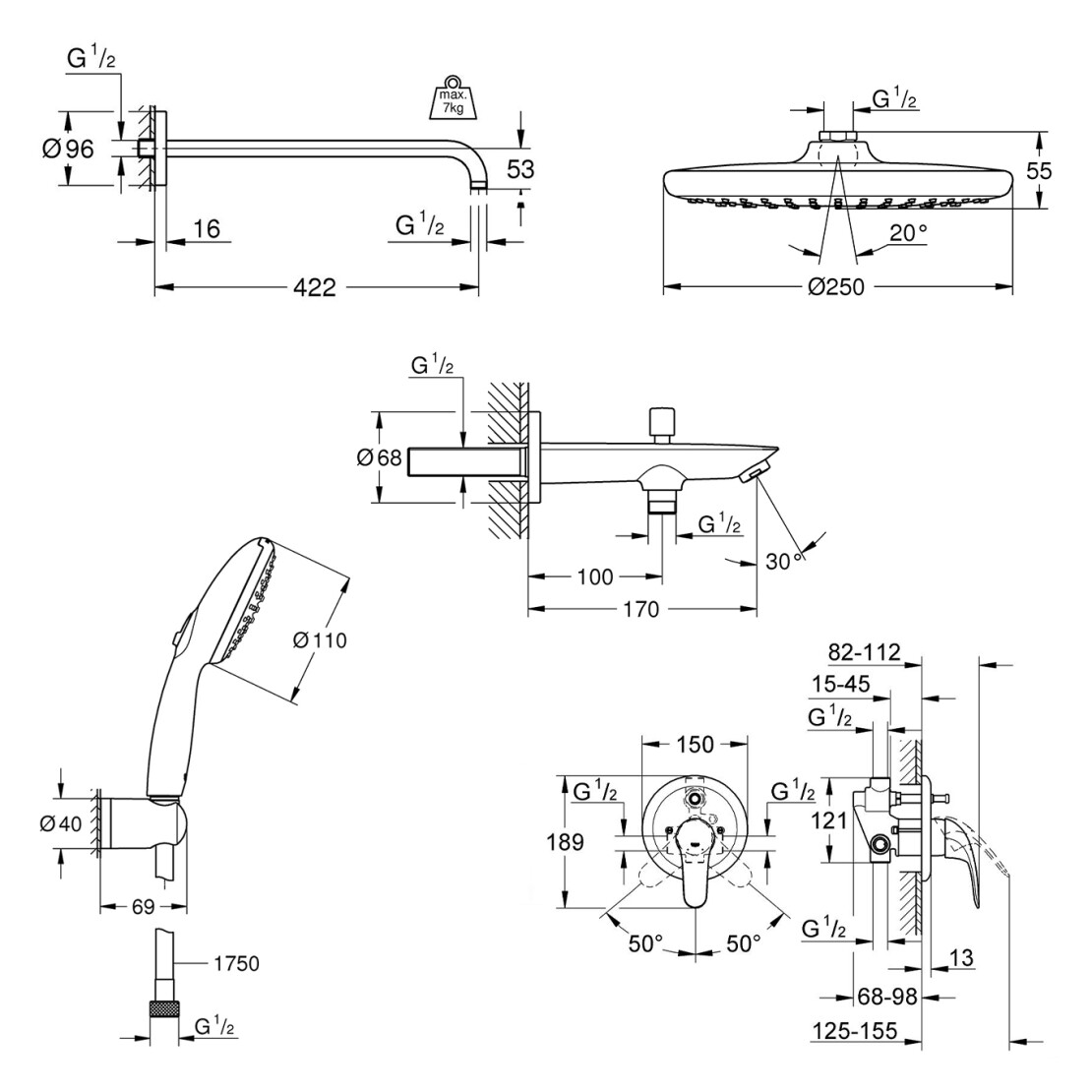 Grohe Vitalio Start 250 UA32747R3 Габаритные размеры