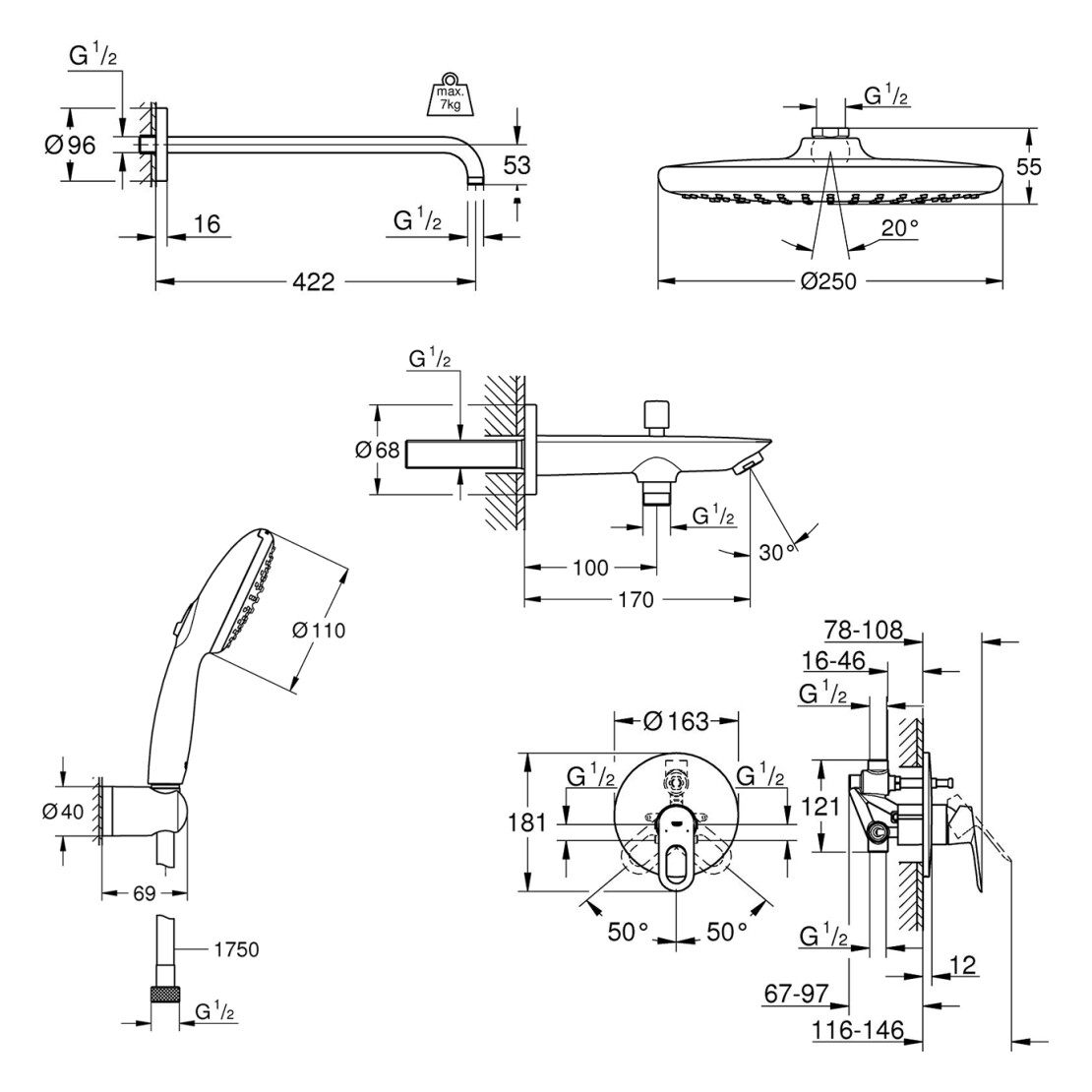 Grohe Vitalio Start 250 UA290810R3 Габаритные размеры