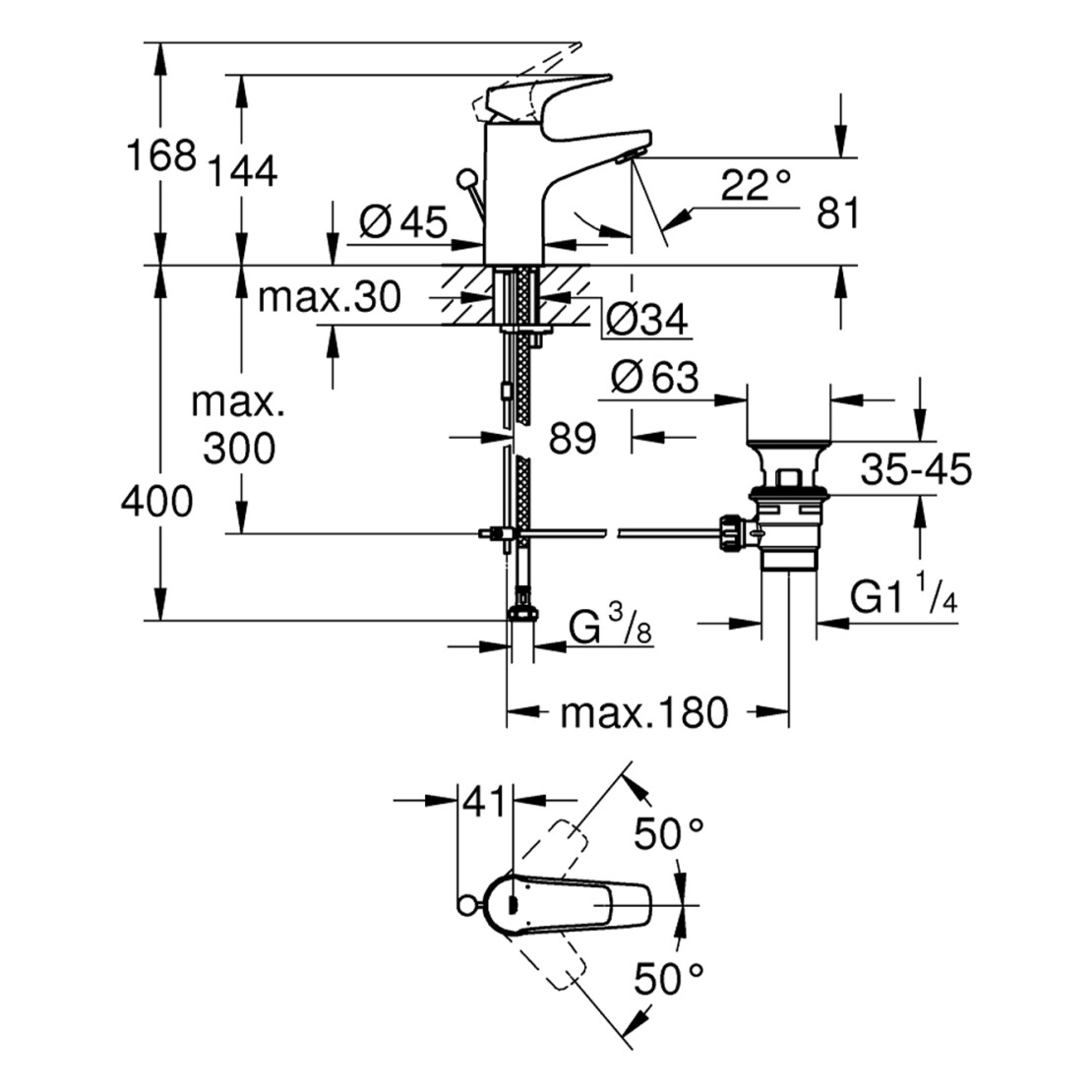 Grohe Start Flow S-Size 23809000 Габаритные размеры