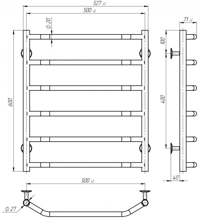 Deffi Трапеция ЧФ П6 500x600 Е, Белый, WD03, Правое подключение (D.TR.60.50.6.E.W.R.3) Габаритные размеры