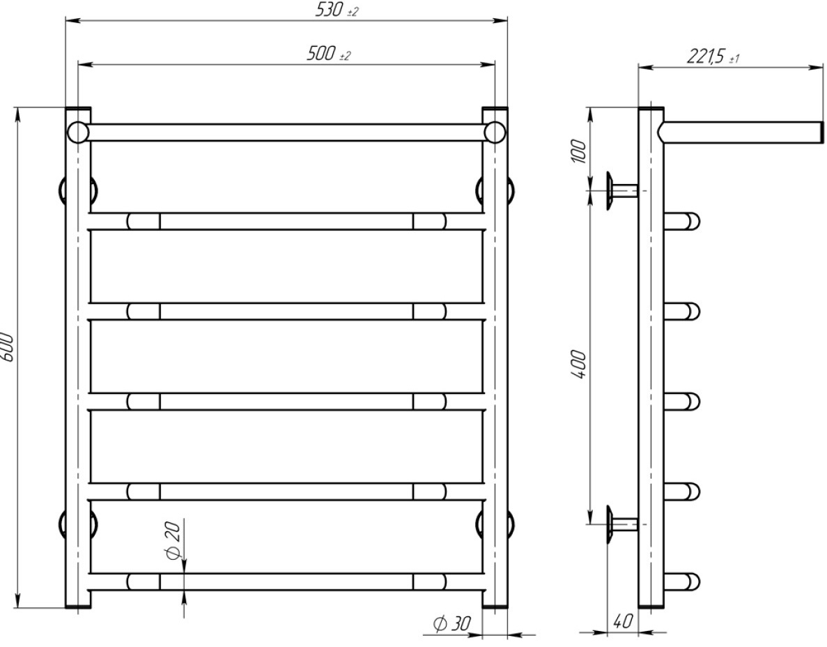 Deffi Трапеция с полкой П6 500x600, Черный, Нижнее подключение (C.TP.60.50.6.B.A) Габаритные размеры