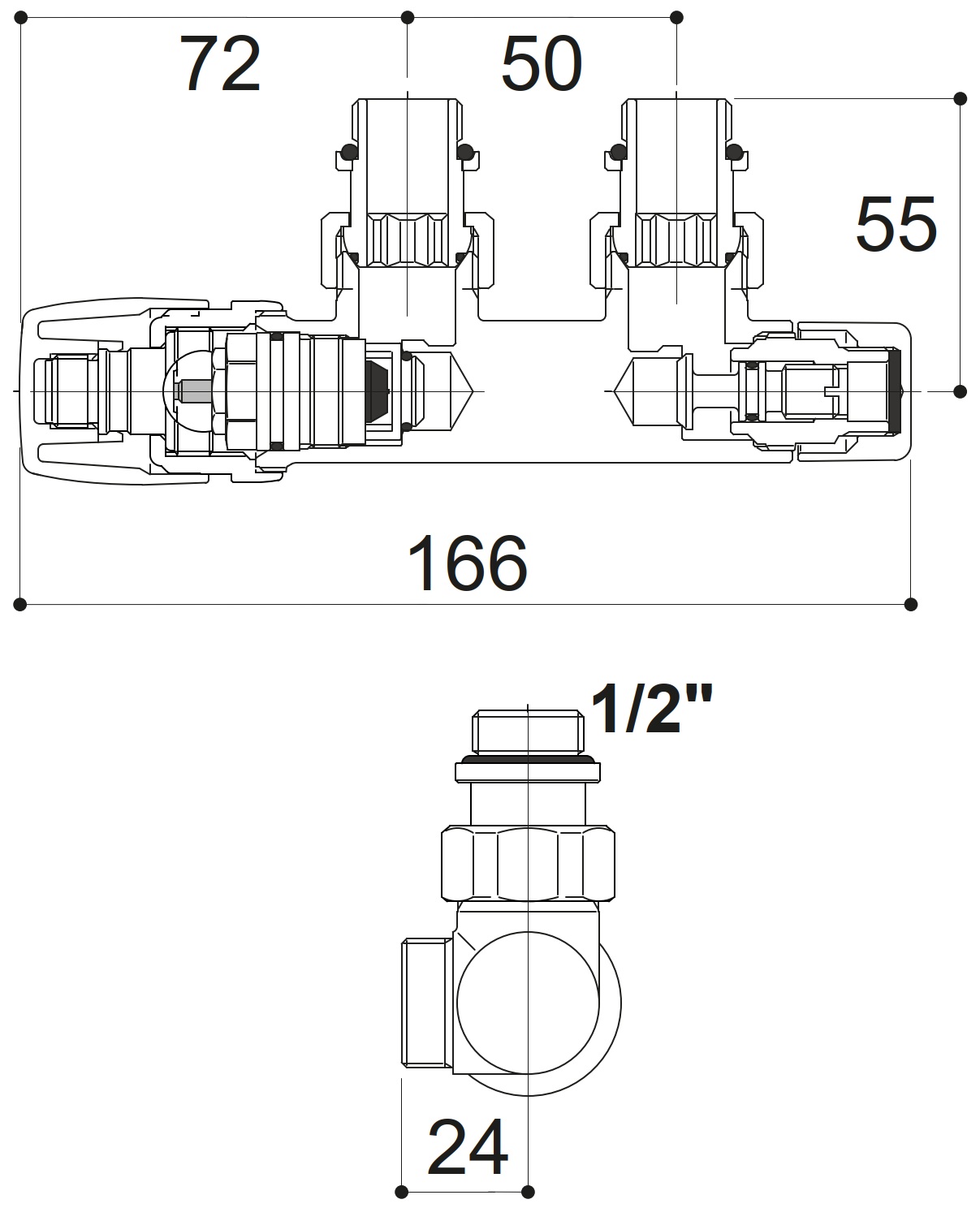 Cordivari Kristal 1/2" кутовий лівий (5991990311187) Габаритні розміри