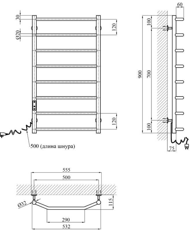 Kroner KRP Diva EL900x500-8 Габаритні розміри