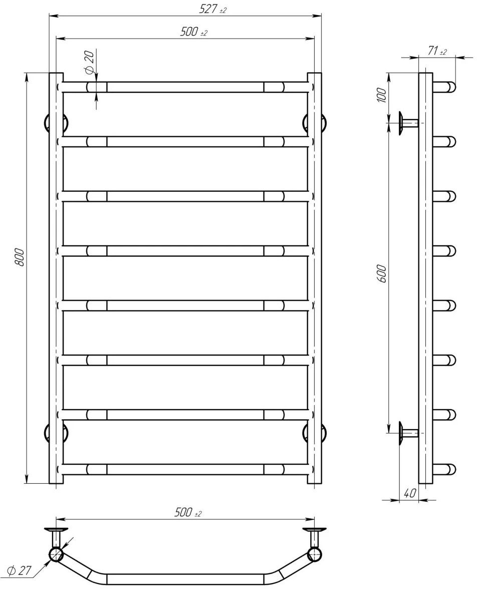 Deffi Трапеция ЧФ П8 500x800 Е, Черный, WD03, Левое подключение (D.TR.80.50.8.E.B.L.3) Габаритные размеры