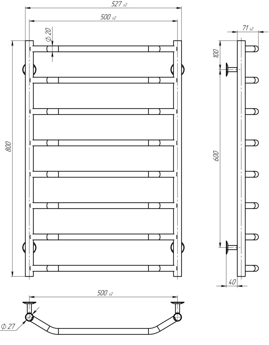 Deffi Трапеция ЧФ П8 500x800 Е, Черный, WD03, Правое подключение (D.TR.80.50.8.E.B.R.3) Габаритные размеры