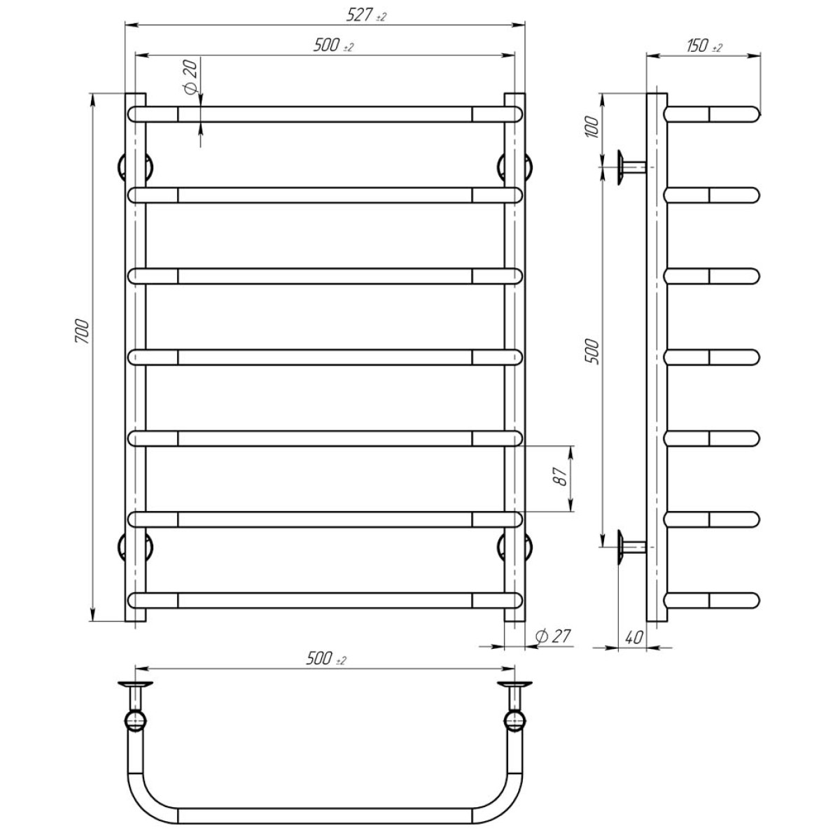 Deffi Стандарт ЧФ П7 500x700 Е, Черный, JD03, Правое подключение (D.SS.70.50.7.E.B.R.1) Габаритные размеры