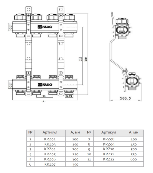 Fado 1"x3/4" 8 выходов (KRZ08) Габаритные размеры