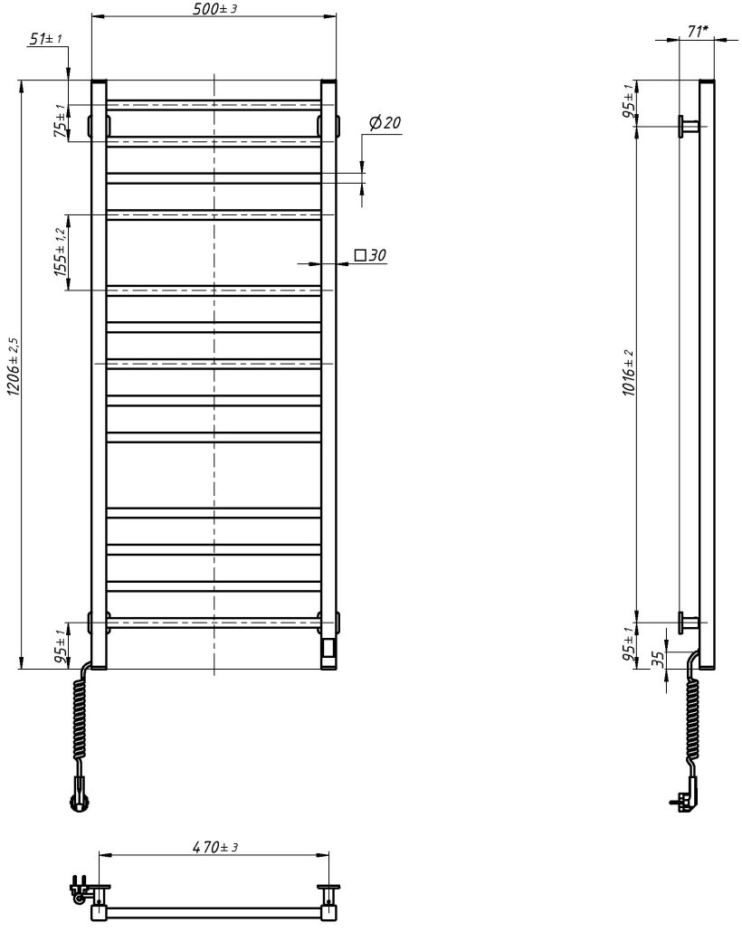 Navin Классик Квадро 500х1200 Sensor с Wi-Fi (12-116155-5012) Габаритные размеры