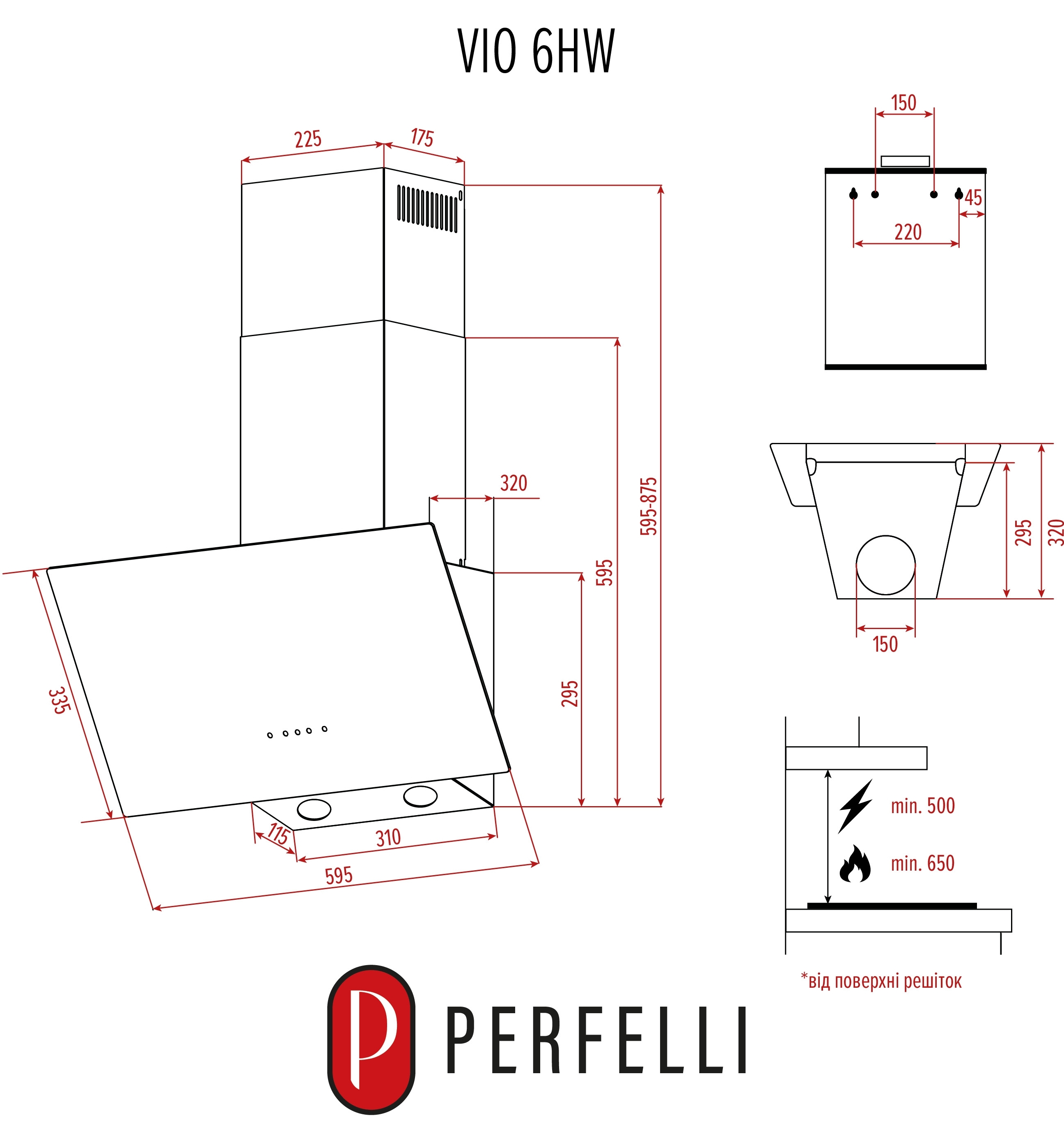 Perfelli Vio 6HW Nero Габаритные размеры