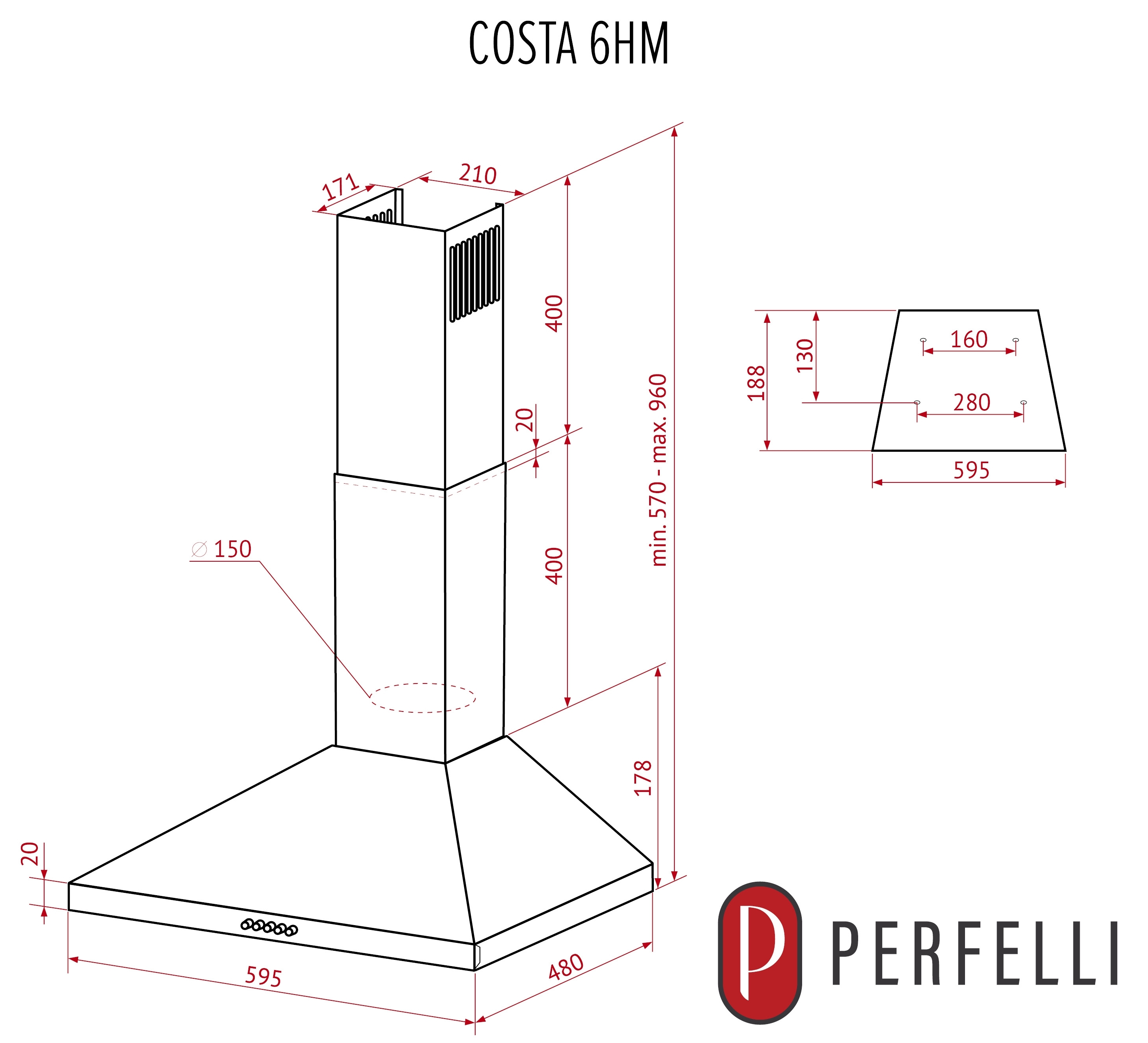 Perfelli Costa 6HM Nero Габаритні розміри