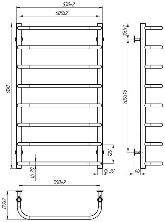 OnlyHeat Elaro 500x900/8 Габаритні розміри