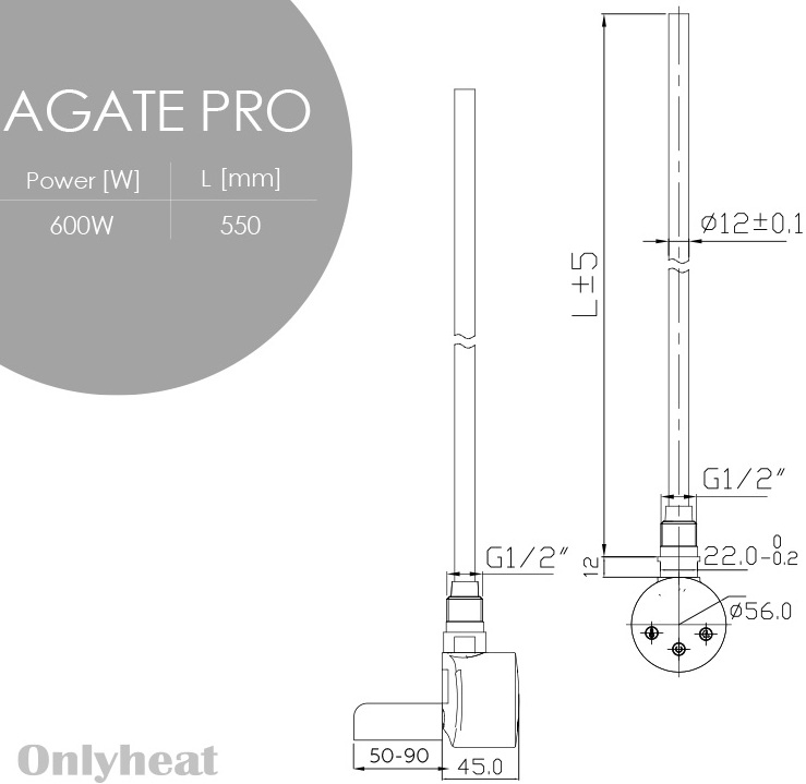 OnlyHeat Agate Black Pro 0.6 кВт (прихований монтаж) Габаритні розміри