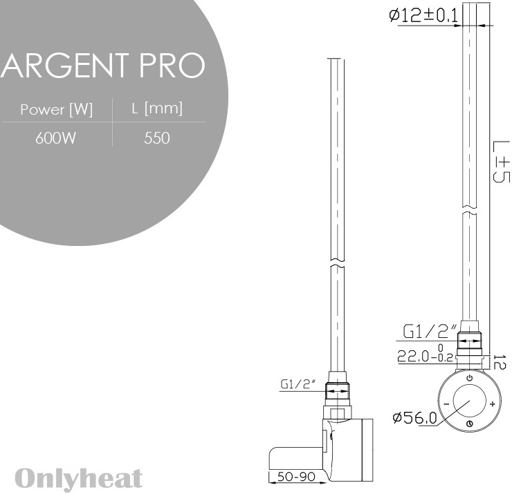 OnlyHeat Argent Chrome Pro 0.6 кВт (прихований монтаж) Габаритні розміри