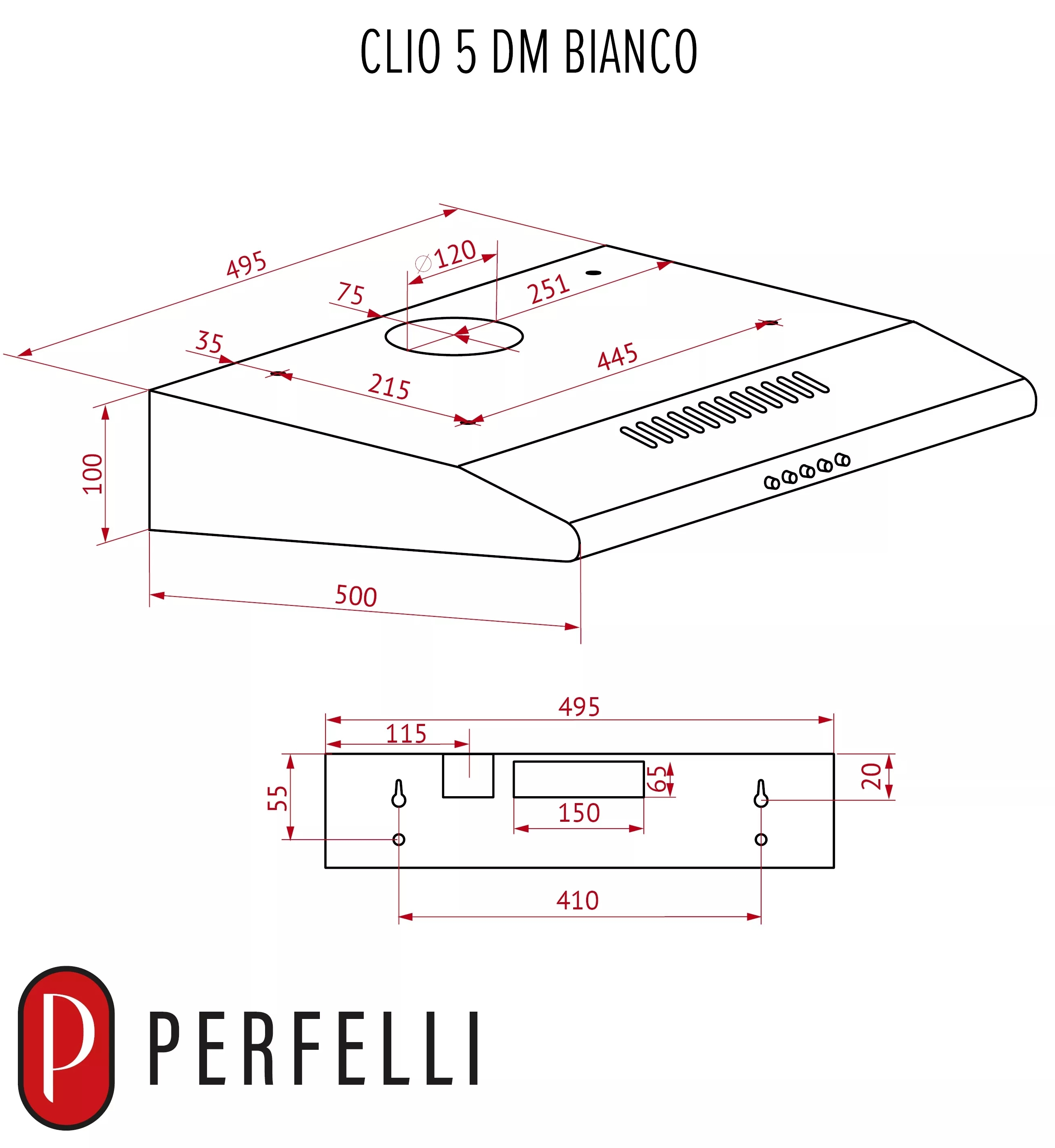 Perfelli Clio 5 DM Bianco Габаритні розміри