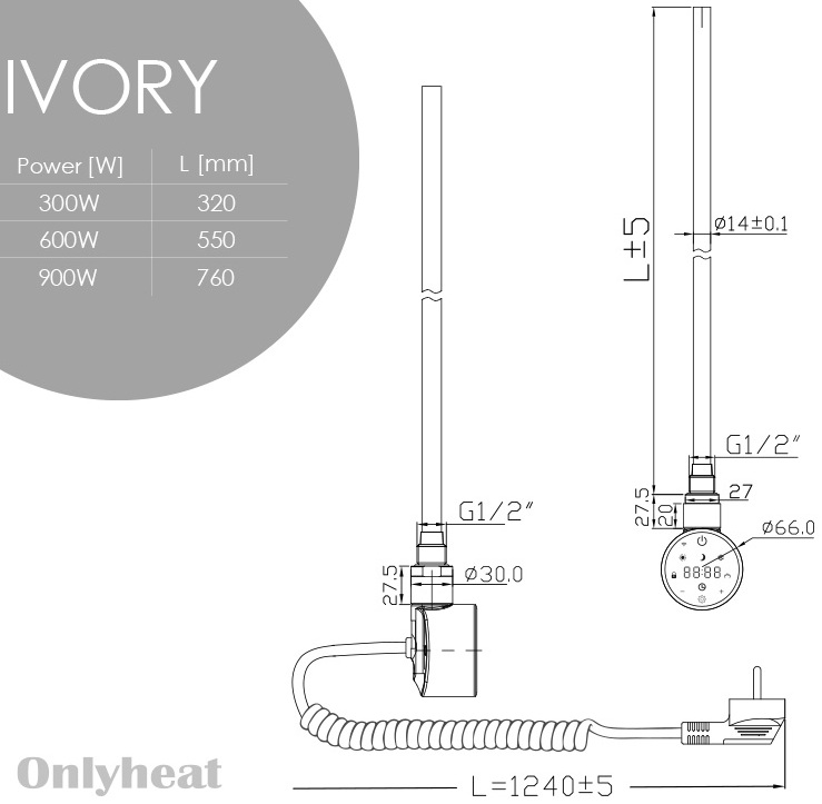 OnlyHeat Ivory White 0.6 кВт Габаритные размеры
