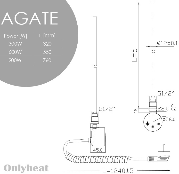 OnlyHeat Agate Black 0.9 кВт Габаритные размеры
