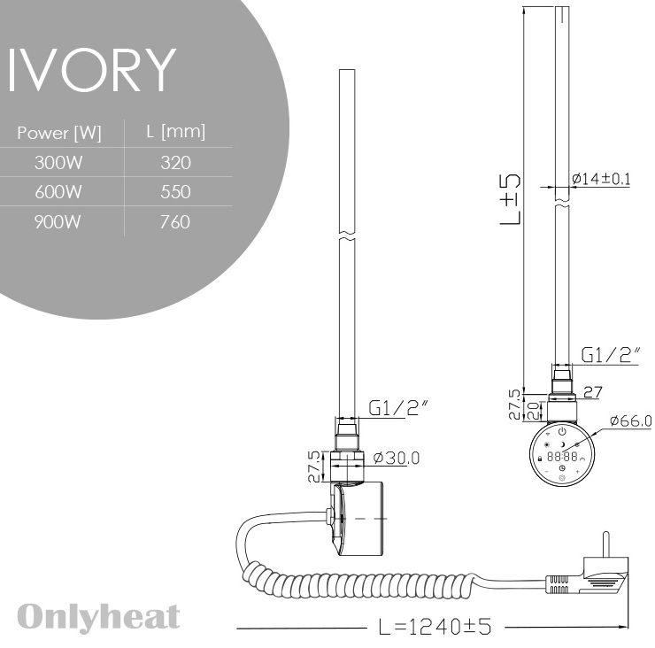 OnlyHeat Ivory Chrome 0.9 кВт Габаритні розміри