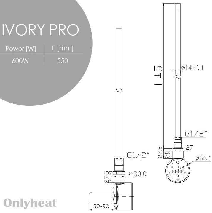 OnlyHeat Ivory White Pro 0.6 кВт (прихований монтаж) Габаритні розміри