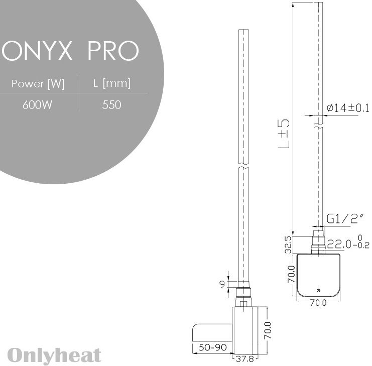 OnlyHeat Onyx Black Pro Wi-Fi 0.6 кВт (скрытый монтаж) Габаритные размеры