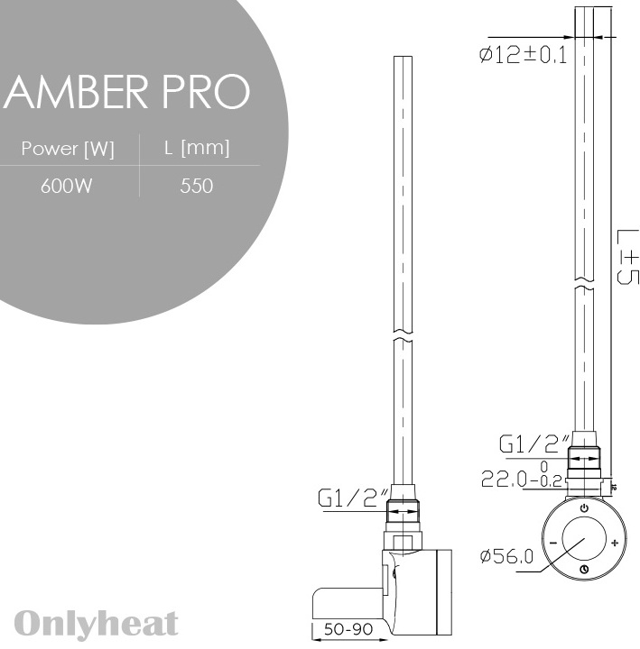 OnlyHeat Amber Black Matte Pro Wi-Fi 0.6 кВт (скрытый монтаж) Габаритные размеры