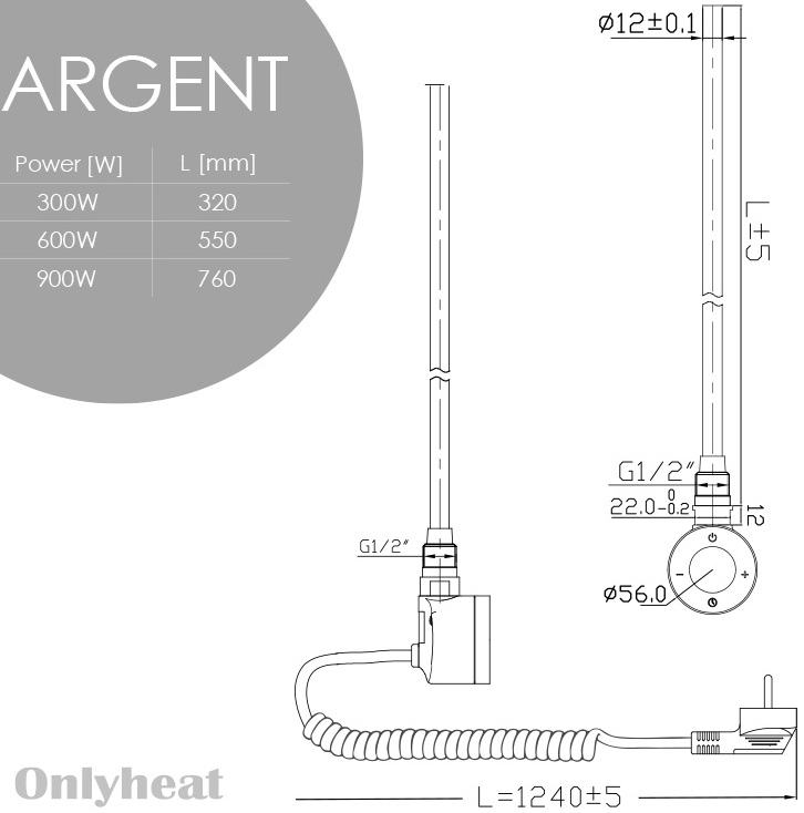 OnlyHeat Argent Chrome 0.3 кВт Габаритні розміри