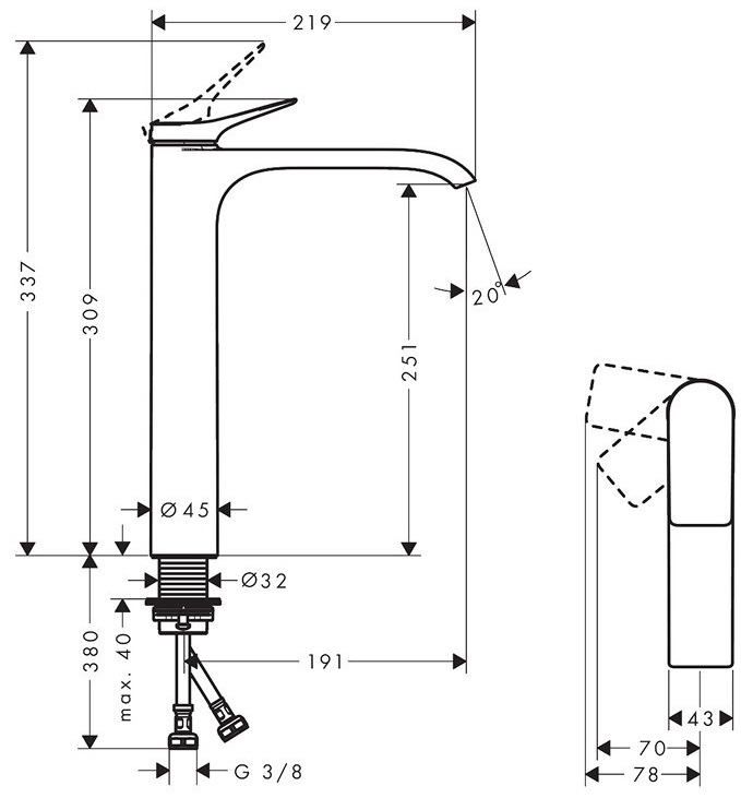 Hansgrohe Vivenis 250 CoolStart Brushed Bronze (75045140) Габаритные размеры