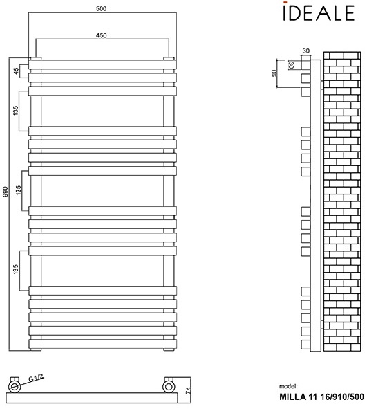 Ideale Mila 11 16/990/500, антрацит Габаритные размеры