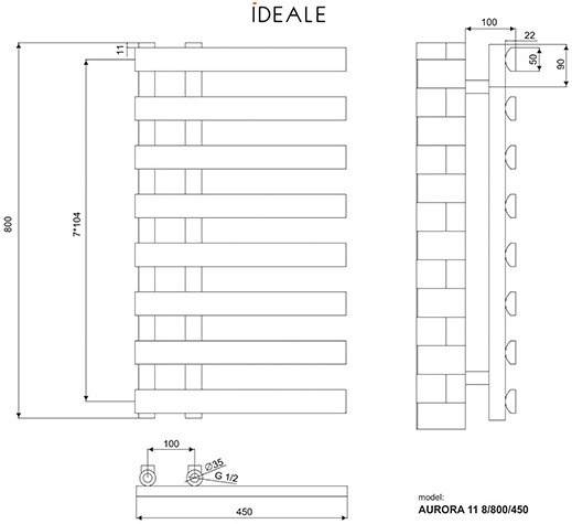 Ideale Aurora 11 8/800/450, антрацит Габаритные размеры