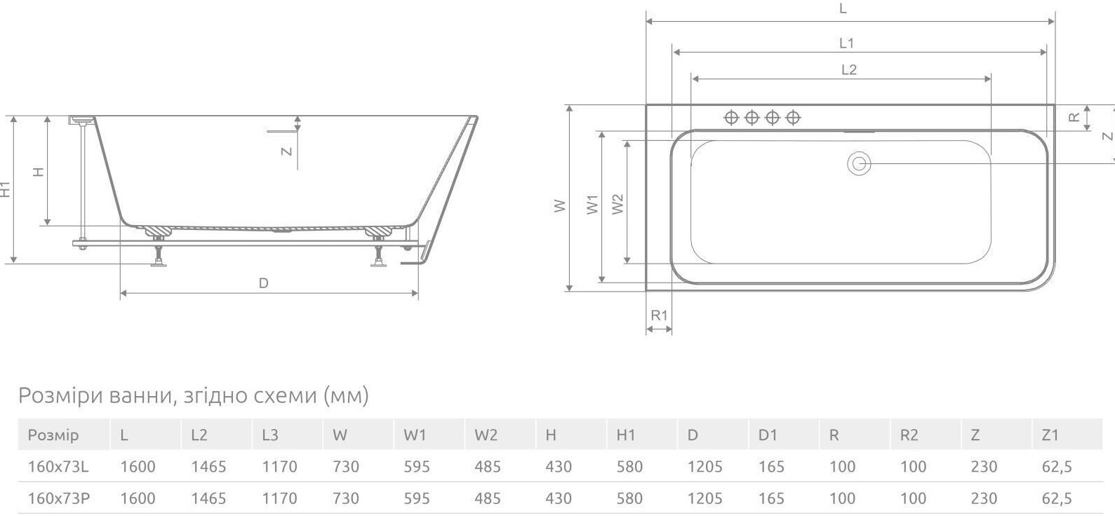 Radaway Gloria 160x73 (WA1-54-160x073L) Габаритні розміри